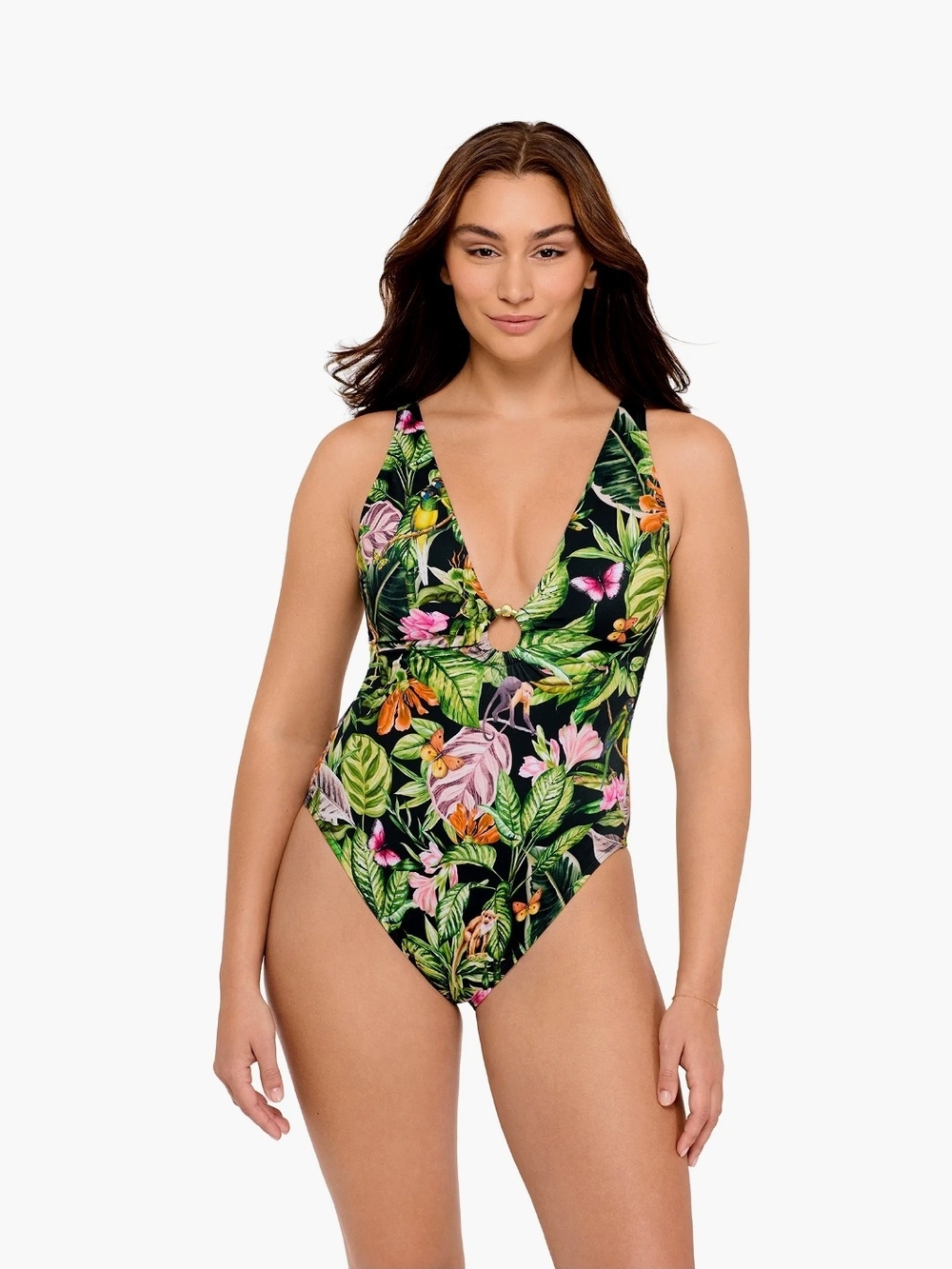 Sofia Vergara Women's Tropical Ring Front Plunge One Piece Swimsuit - Large